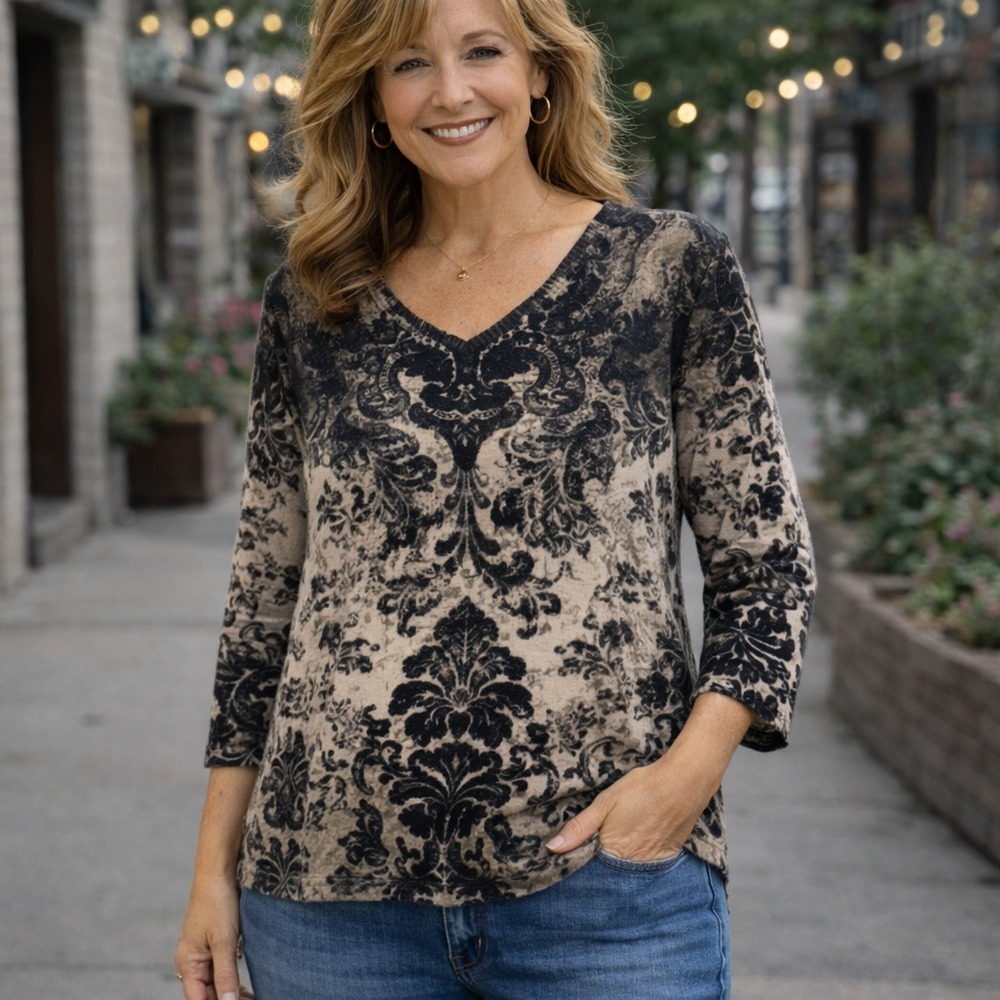 J. Jill Knit Damask Print Sweater Womens XL Gray Beige Cotton V-Neck 3/4 Sleeve